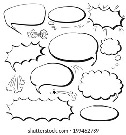 Set of empty graphic black and white comics speech bubbles, vector templates for your text