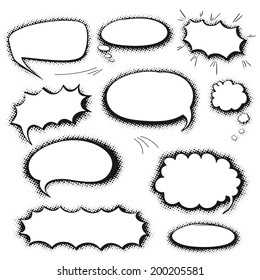 Set of empty graphic black and white comics speech bubbles, vector templates for your text with shadow halftone on white background