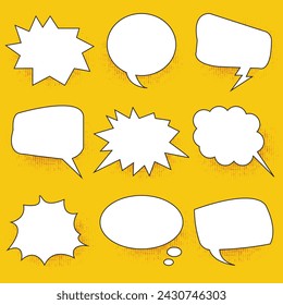 Set of empty graphic comics speech bubbles, vector templates clouds for text, white with black stroke on yellow background, eps10