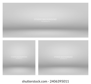 A set of empty gray studio backgrounds. A collection of empty studio rooms for a photo shoot or presentation. Vector illustration.