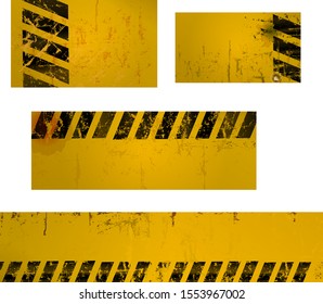 set of empty grungy yellow signs with hazard stripes, scratched and distressed, vector