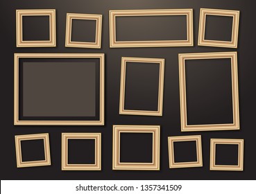 Set of empty hanging decorative photo frames with shadow effects. Different sizes. Dark background. Design template for layout. Vector illustration