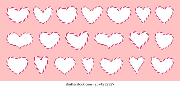 Set of empty heart shaped frames with outline cotton red rope bakers twine cord, bow, ribbon for wrapping a gift for Valentine's Day. Colored text box, speech bubble. Drawn flat Vector EPS10 