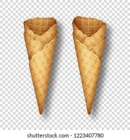 Set of empty ice cream waffle cones on transparent background