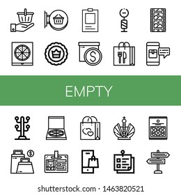 Set of empty icons such as Shopping basket, Pizza box, Signboard, Crown, ID, Box, Signpost, Shopping bag, Film strip, Package, Coat stand, Bag, Id card, Sticky note, Crisps , empty