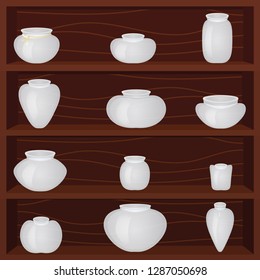 Set of empty jam jars on wodden shelves. Vector illustration.