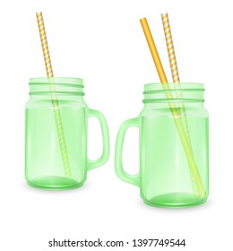 Set of empty jar for smoothies with striped straw for cocktails isolated on white background for advertising your products drinks in restaurants and cafes. 3D, Vector illustration