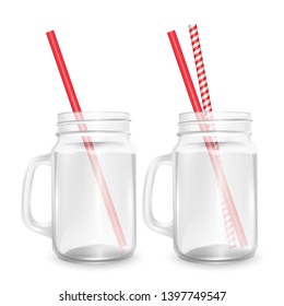 Set of empty jar for smoothies with striped straw for cocktails isolated on white background for advertising your products drinks in restaurants and cafes. 3D, Vector illustration
