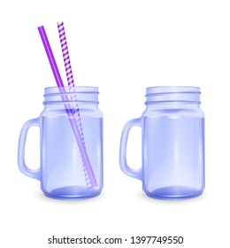Set of empty jar for smoothies with striped straw for cocktails isolated on white background for advertising your products drinks in restaurants and cafes. 3D, Vector illustration