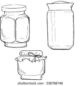 Set of empty jars . Cartoon sketch drawn by ink. Hand drawn vector illustration.