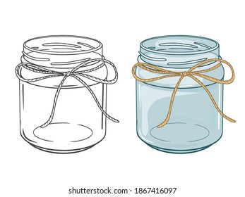 set of empty jars. Colorful and black. Hand drawn objects. Doodle style. Vector illustration. Isolated on white.