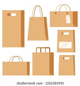 Set of empty kraft brown blank cardboard paper fashion packaging bags with handles for in-store purchases with labels isolated on white background. Supermarket, shop, restaurant package.