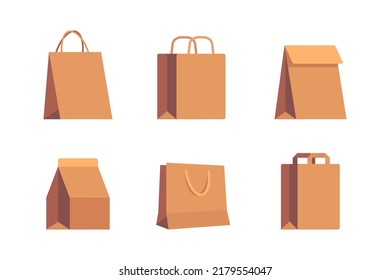 Set of empty kraft brown blank cardboard paper bags for in-store purchases, packaging for food and beverage with labels isolated on white background