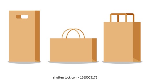 Set of empty kraft brown paper bag with handles. Flat cartoon style supermarket shop package with shadows isolated on white background. Vector illustration. Collection of icons, design templates.