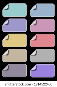 Set of empty labels in different pastel colors, rectangle paper wirh rolled corners, badge for own text, Useful for discount, sale, product information