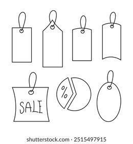 A set of empty labels for price, discount, text. Vector, linear, contour marker-drawn black and white illustration. A decorative element for holiday sales, announcements, advertisements, luggage.