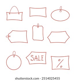 A set of empty labels, signage for ads, text, sales, discounts. Vector graphic contour illustration with a red pen, marker, hand-drawn. An element for decoration, design.