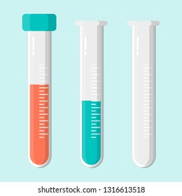 Set of empty laboratory beaker and glass medical beakers with blood or medical. vector flat icon isolated on background 