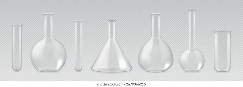 Set of empty laboratory flasks or chemistry measuring glass tubes  isolated on transparent background. Vector illustration