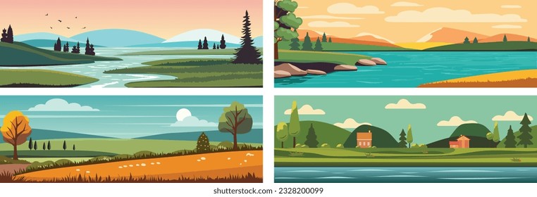 Set of empty landscapes and sceneries with mountain tops, hills, field, lake, sea. Collection of scenic nature views in spring, summer and autumn. Colored flat vector illustration