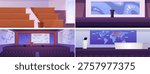 A set of empty lecture hall backgrounds with pricing, a podium, a screen, and rows. Space for conferences, education, seminars, sessions, and trainings. Vector flat illustration.