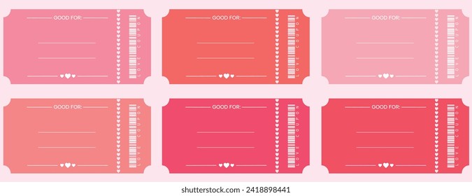 set of empty love coupons, ticket template, gift ideas for boyfriend and girlfriend, wife and husband, admit one, st valentines day, anniversary