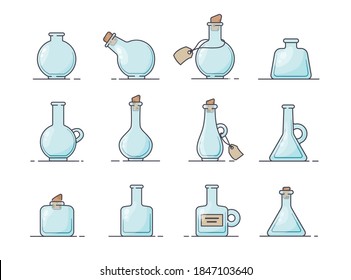 Set of empty magic potion bottles. Game design. Vector icons on a white background.