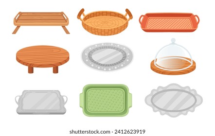 Set of empty meal tray made from steel,plastic or wood with handles or without vector illustration isolated on white background