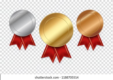 Conjunto de medallas vacías de plata dorada y bronce en ilustración transparente vectorial