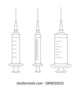 Set leerer medizinischer Spritzen mit einer Nadel, Line Art. Stockvektorgrafik einzeln auf weißem Hintergrund. Kann als Aufkleber, als Symbole verwendet werden. Impfungs- und Injektionskonzept.