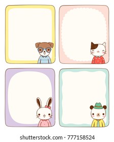 Set of empty message board, cards, paper note, copy space for text. Cute animals including dog, cat, rabbit and bear with frames on pastel color style. Flat design. Colored vector illustration.