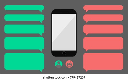 Set of empty messaging bubbles. Man chatting with chat bot robot on cellphone. Smartphone with dialog boxes. Avatar icon design.