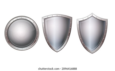 Set of Empty metal knight shields. Realistic vector illustration isolated on white background