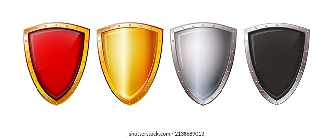 Set of Empty metal knight shields. Realistic vector illustration isolated on white background