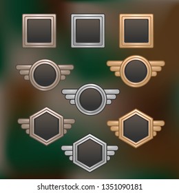 Set of empty metalic frames for mobiles gemes. Bronze, silver and golden portrait frames. Vector elements for user interface