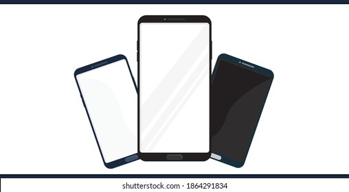 Set of empty mockups of standard models smart phones. Non branded cellphones with blank displays for marketing or app design promotion. Realistic vector illustration of touch screen mobile devices.