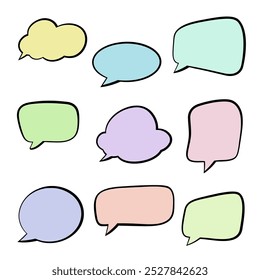A set of empty multicolored bubbles with a black outline for speech, hand-drawn, vector. Illustration of a dialog box in the style of a doodle, comic. A decorative element for a design with text