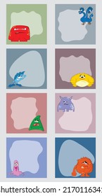 A set of empty multi-colored forms with a variety of monsters for congratulations, invitations