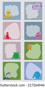 A set of empty multi-colored forms with a variety of monsters for congratulations, invitations