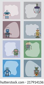 A set of empty multi-colored forms with a variety of robots for congratulations, invitations