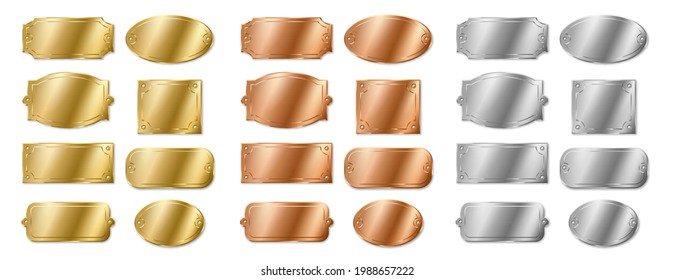 Set of empty name plates, template silver, golden and bronze plaques. Mockup badges for identification, template frame for nameplate isolated. Realistic 3d vector illustration svg