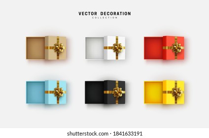 Set of empty open gift box with lush gold bow. Collection of realistic gifts presents flat lay top view. Festive colorful decorative 3d render object. Isolated on white background. vector illustration