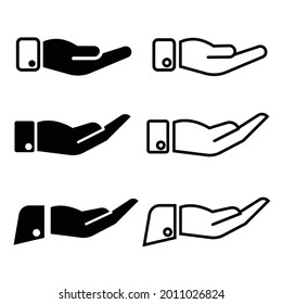 Set of empty open human hand icon, isolated on white background. Vector design illustration.
