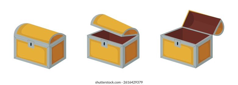 Set of empty open wood chest in a flat design