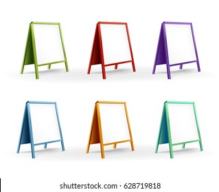 Set of empty outdoor indoor sidewalks signboard. Stander advertising stand banner shield display. Vector Illustration Isolated On White Background.

