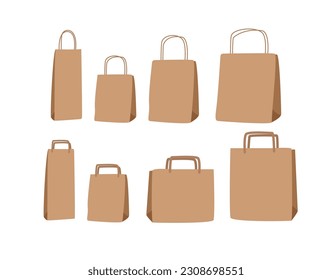 Set of empty paper bags for products. Packages of various shapes, for the concepts of ecology, environmental protection, supermarkets. Sketch.