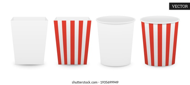 Set of empty paper popcorn boxes isolated on a white background. Сollection striped and white buckets. Macro icons in realistic style. Vector illustration 3D. Design elements in cinema. Mockup.