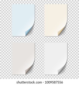 Set of empty paper sheets with curled corners. Realistic blank folded pages on transparent background. Vector template