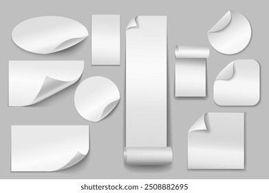 Set of empty paper stickers in flat cartoon design. A collection of white stickers with various shapes and styles showing curled corners suitable for use in different projects. Vector illustration.