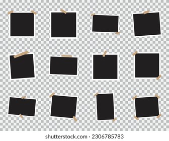 Set of empty photo frame with adhesive tape on transparent background. Realistic vector frame with different size.